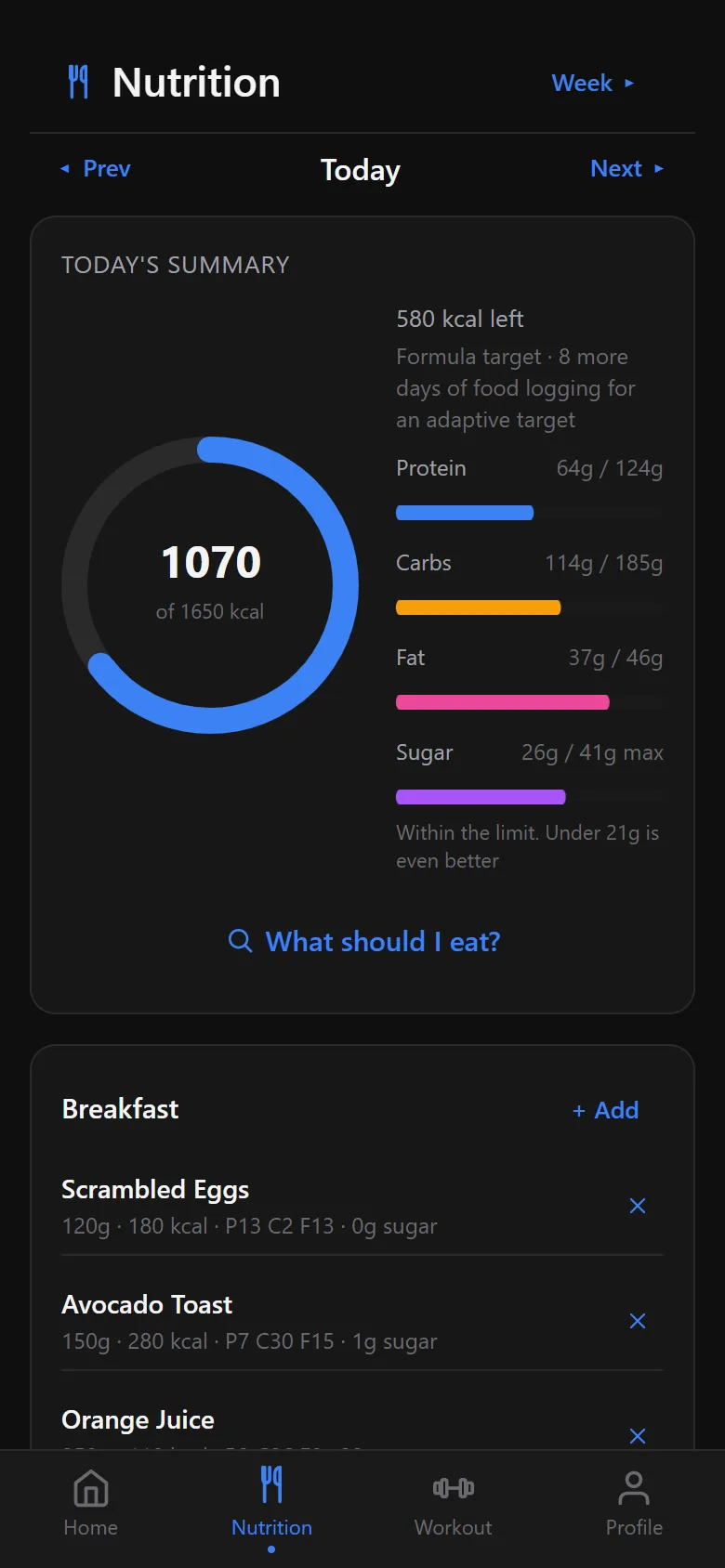 Nutrition summary with calories, protein, carbs, fat and sugar for the day, and today's breakfast below