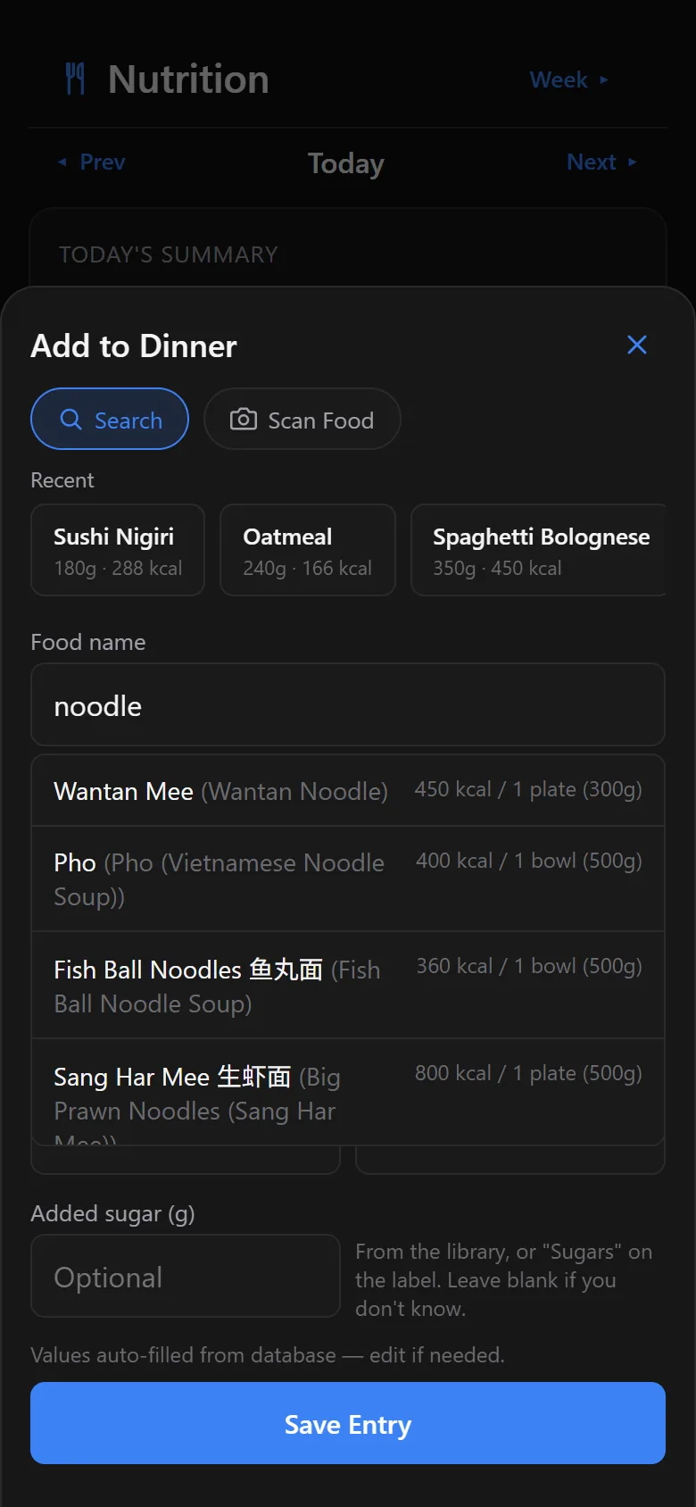 Food search for 'noodle' showing Wantan Mee, Pho, Fish Ball Noodles and Beef Noodles