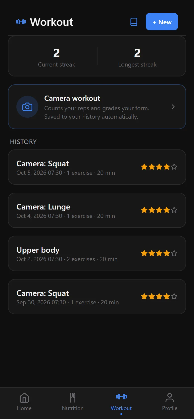 Workout screen with streaks, the camera workout button and a history of camera sessions